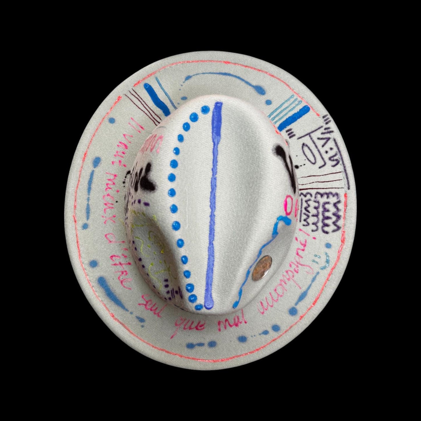 Hand-Painted Graffiti Fedora: UV-Reactive Art, French Quotes - Qreine