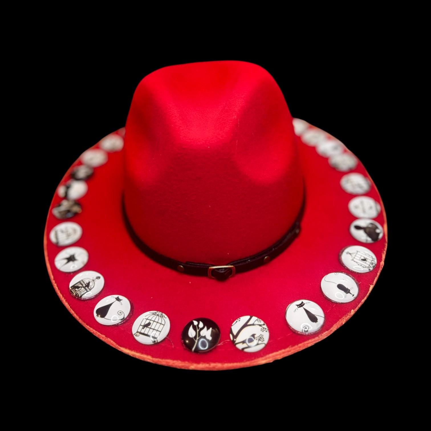 Hand-Painted Red Festival Hat: Unique Graphic Buttons, Adjustable Fit (Size 57)
