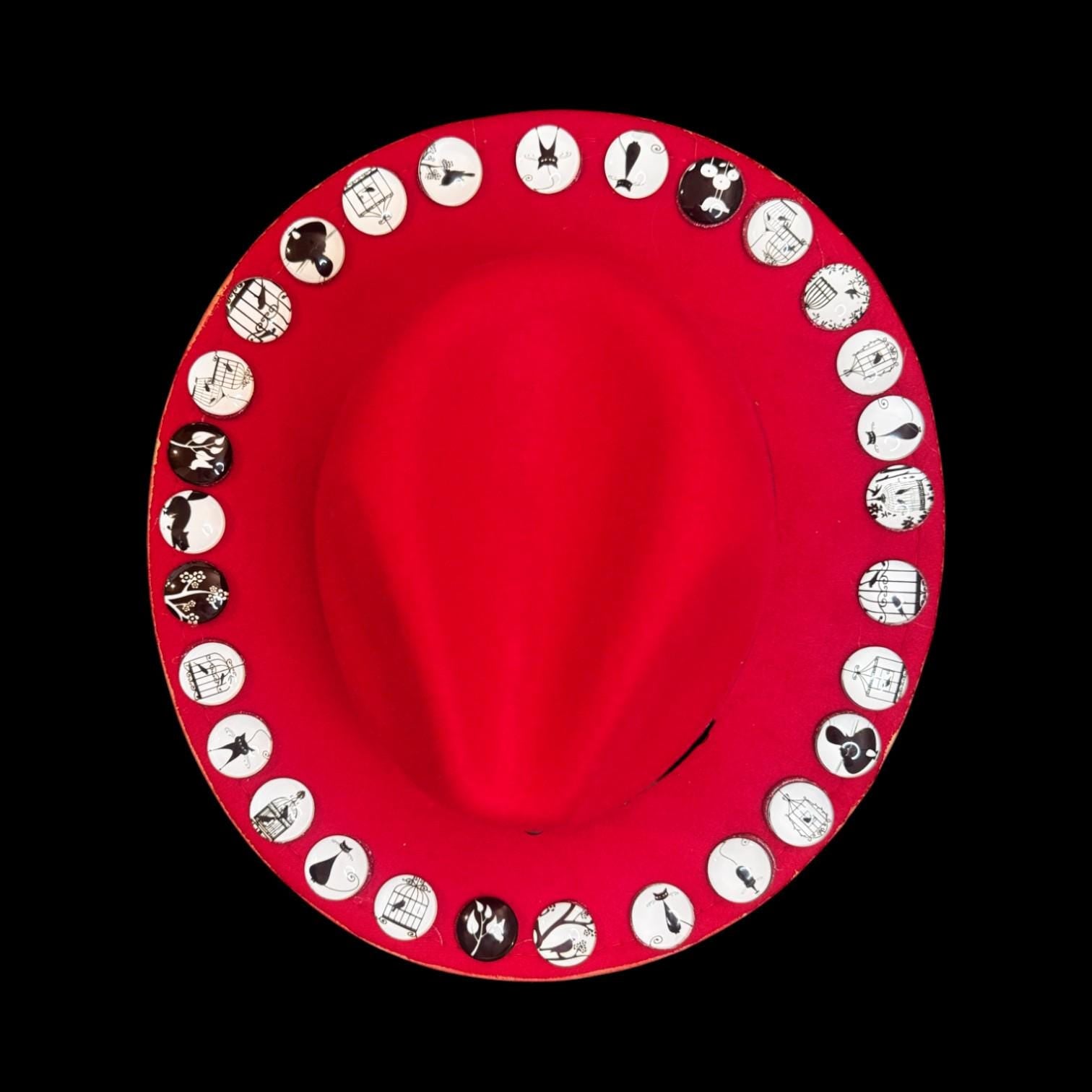 Hand-Painted Red Festival Hat: Unique Graphic Buttons, Adjustable Fit (Size 57)