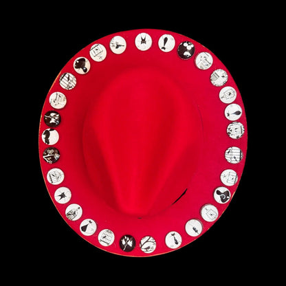 Hand-Painted Red Festival Hat: Unique Graphic Buttons, Adjustable Fit (Size 57)