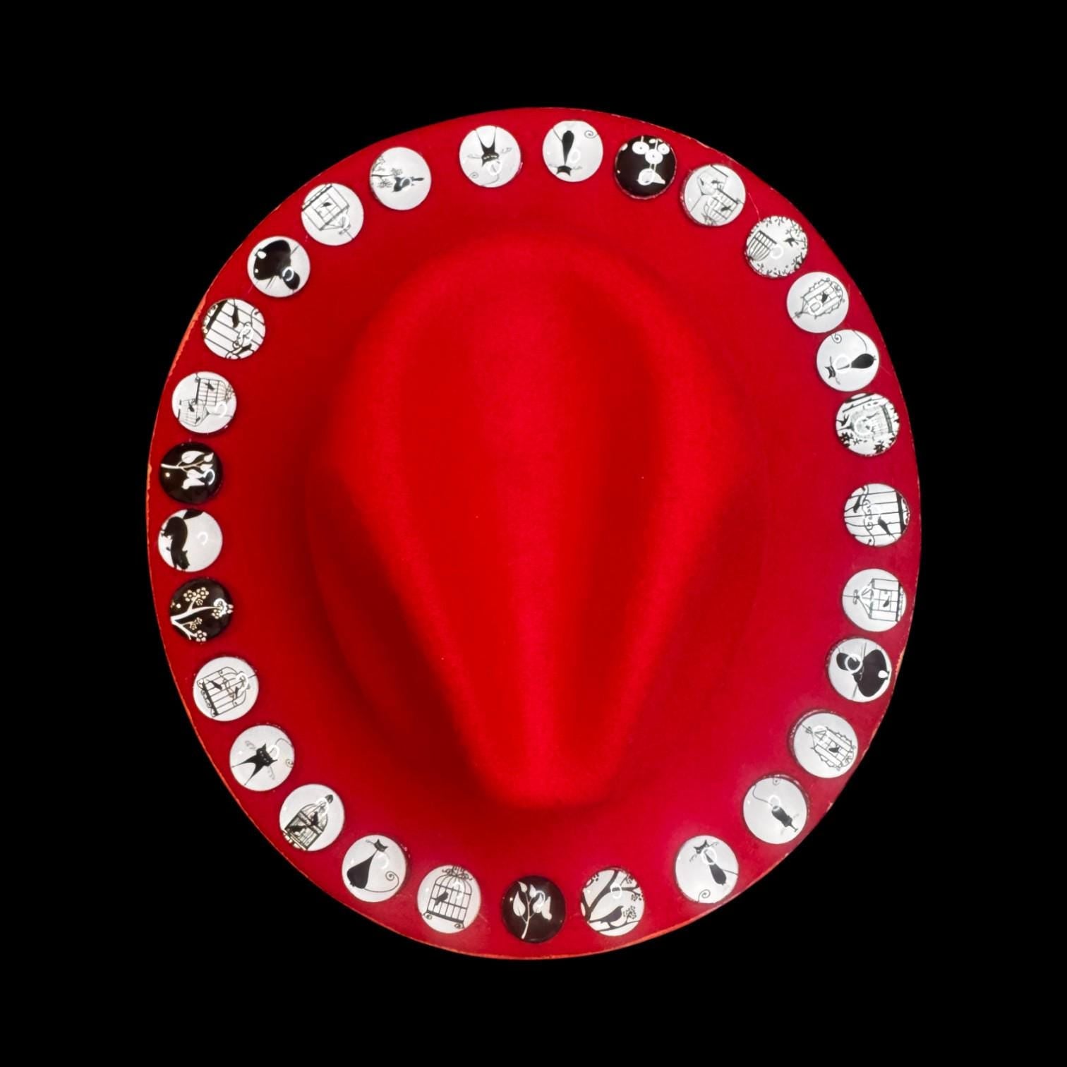 Hand-Painted Red Festival Hat: Unique Graphic Buttons, Adjustable Fit (Size 57)