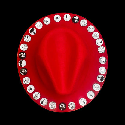 Hand-Painted Red Festival Hat: Unique Graphic Buttons, Adjustable Fit (Size 57)