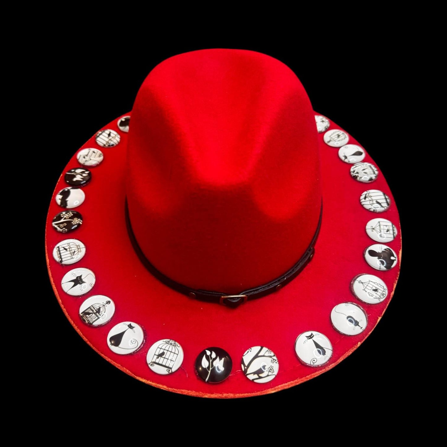 Hand-Painted Red Festival Hat: Unique Graphic Buttons, Adjustable Fit (Size 57)