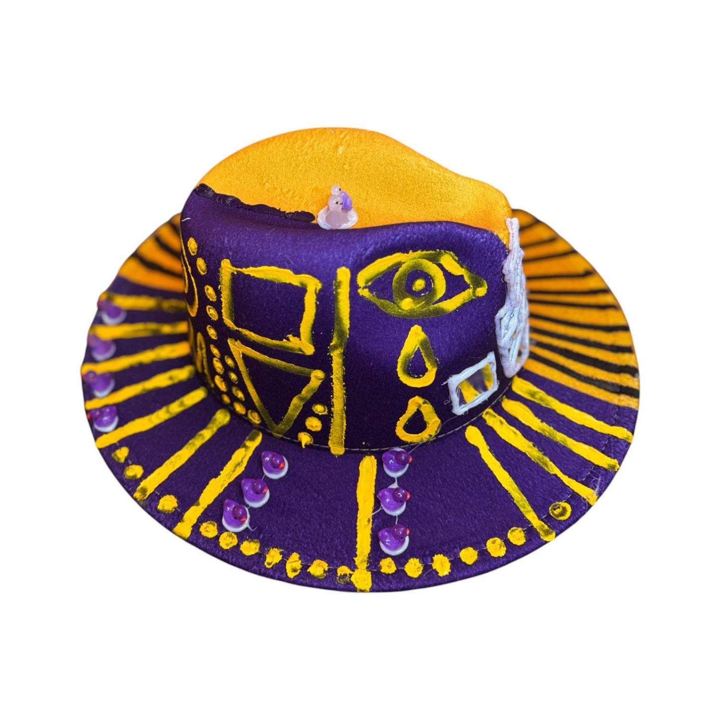 Hand-Painted Festival Hat: Surreal Eyes, Snail, Tribal Motifs - Size 57