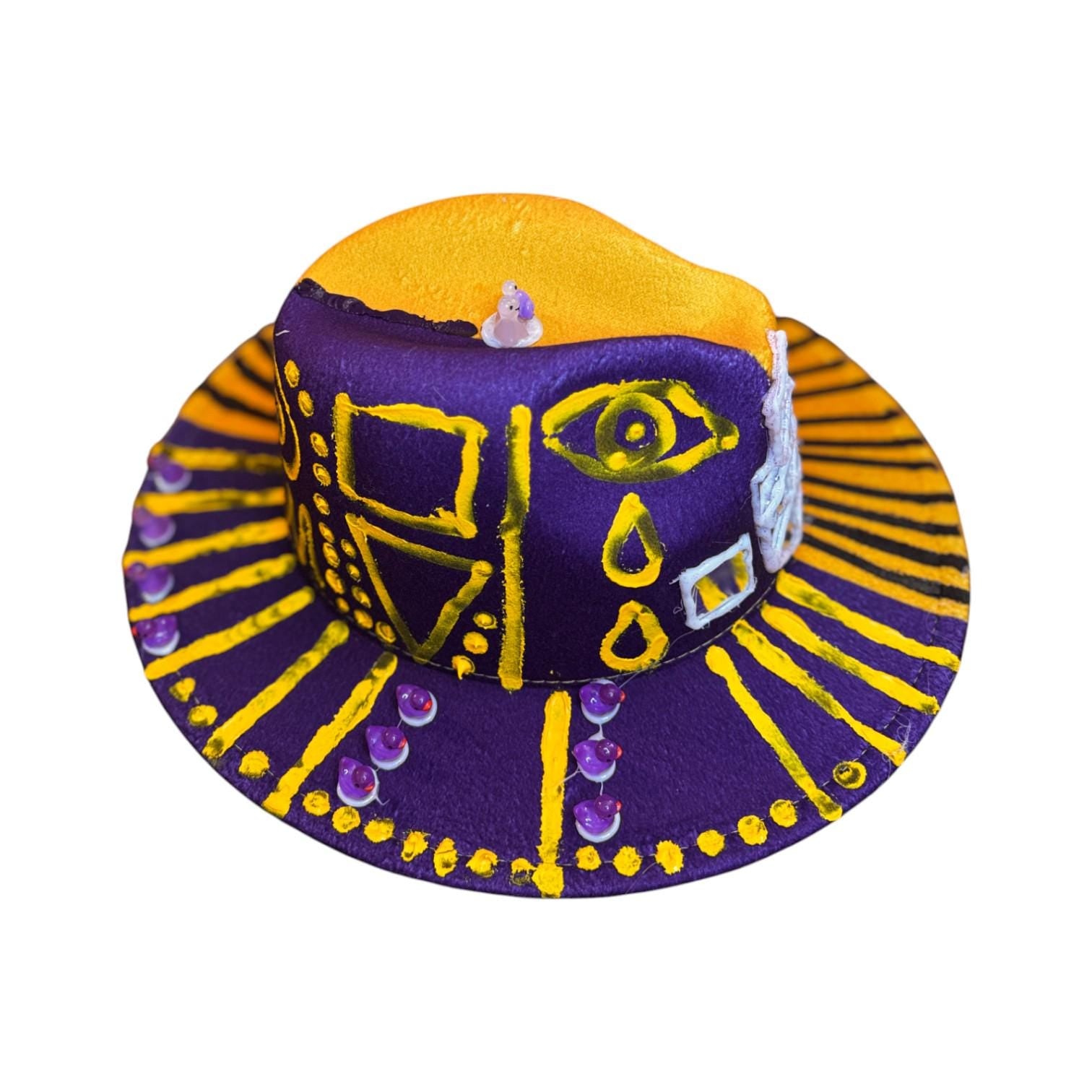 Hand-Painted Festival Hat: Surreal Eyes, Snail, Tribal Motifs - Size 57