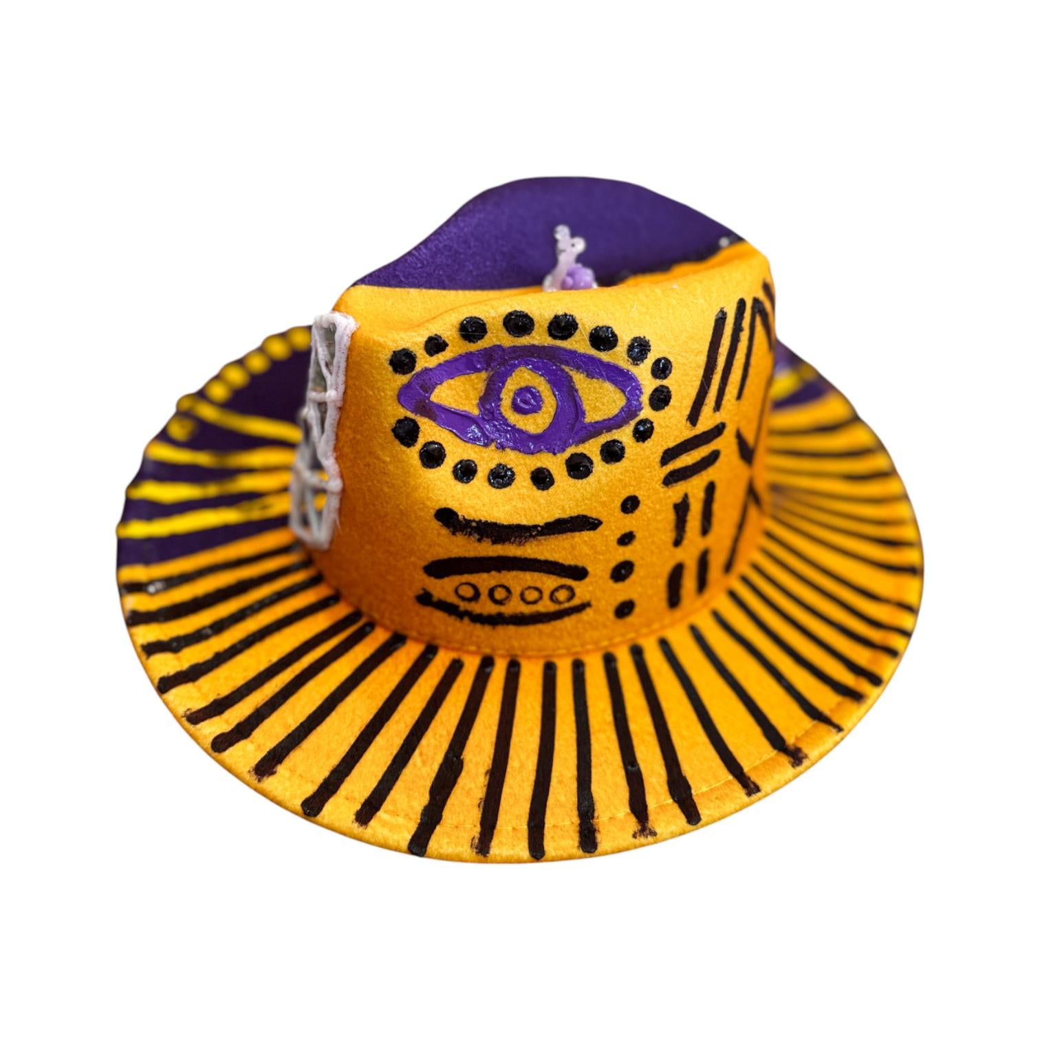 Hand-Painted Festival Hat: Surreal Eyes, Snail, Tribal Motifs - Size 57