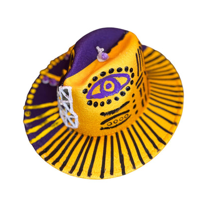 Hand-Painted Festival Hat: Surreal Eyes, Snail, Tribal Motifs - Size 57