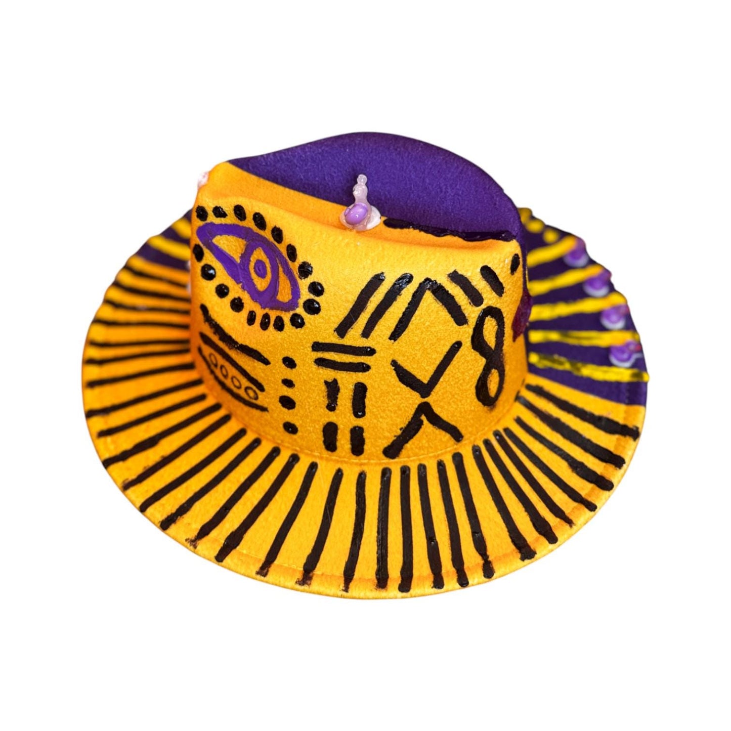 Hand-Painted Festival Hat: Surreal Eyes, Snail, Tribal Motifs - Size 57