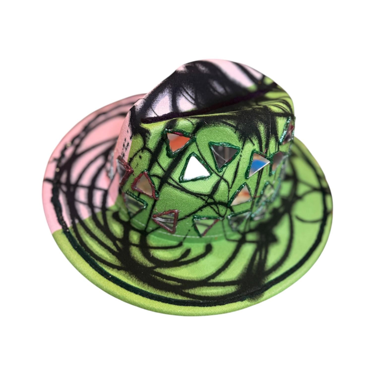 Hand-Painted Festival Hat: Green & Pink Abstract Art, Mirror Accents