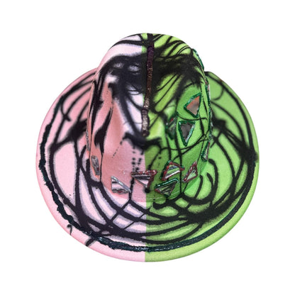Hand-Painted Festival Hat: Green & Pink Abstract Art, Mirror Accents
