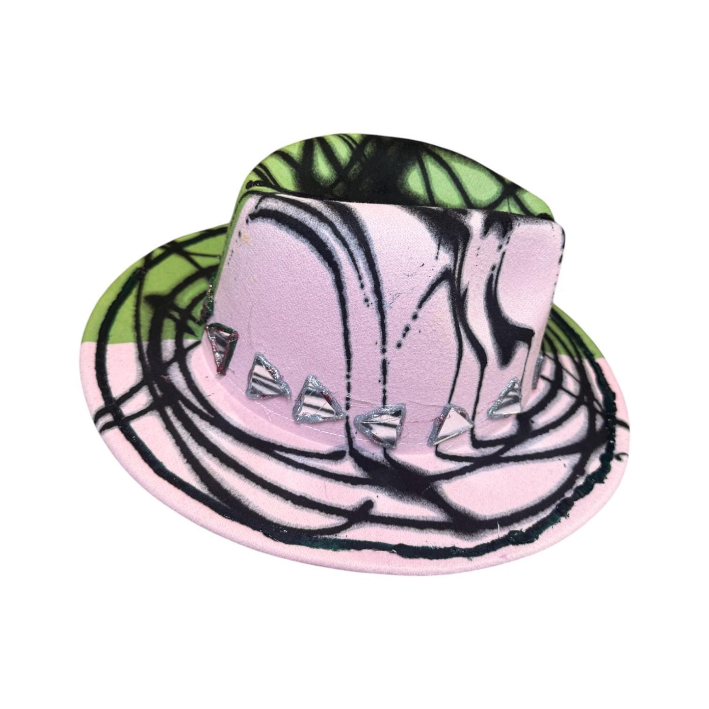 Hand-Painted Festival Hat: Green & Pink Abstract Art, Mirror Accents