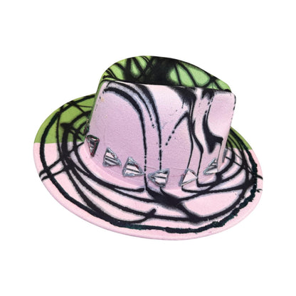 Hand-Painted Festival Hat: Green & Pink Abstract Art, Mirror Accents