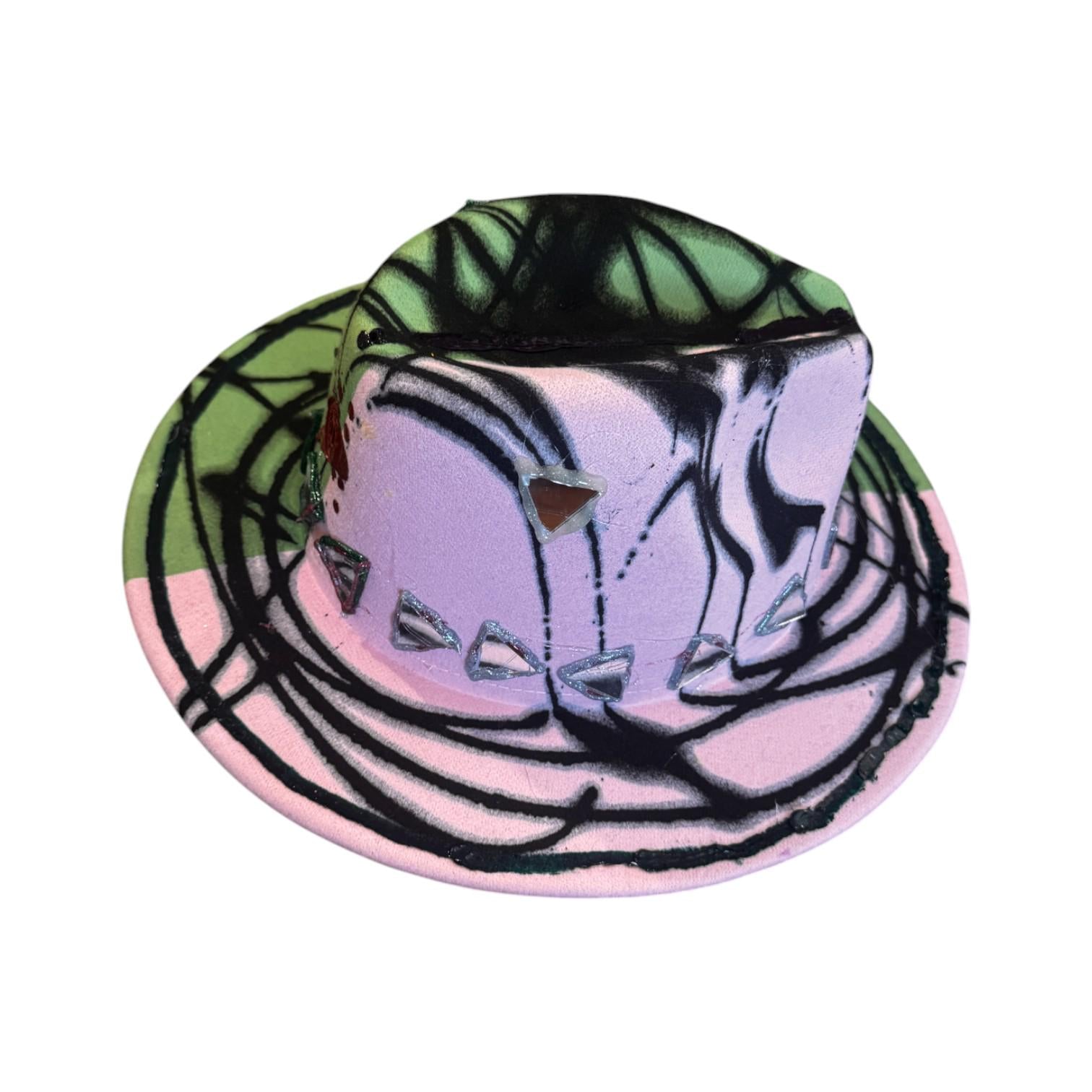 Hand-Painted Festival Hat: Green & Pink Abstract Art, Mirror Accents