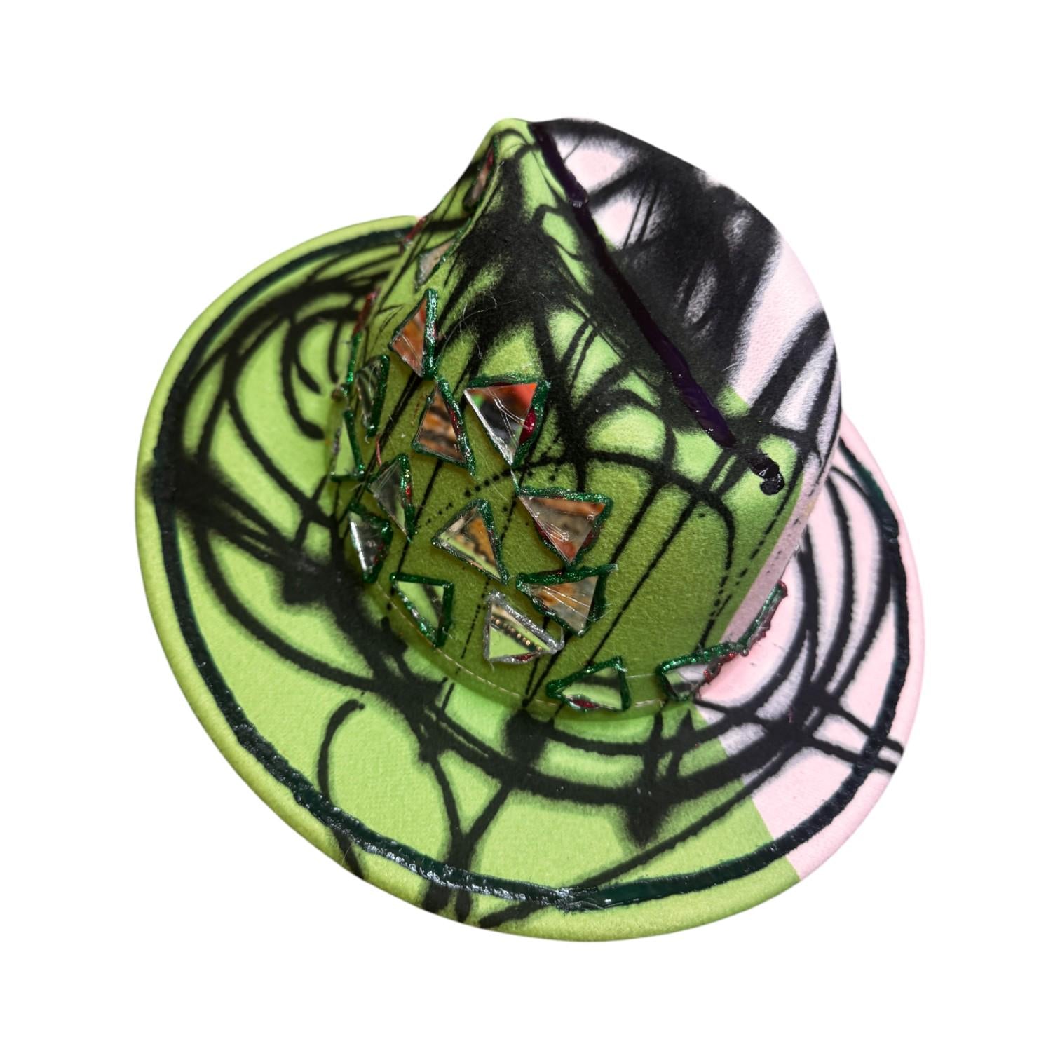 Hand-Painted Festival Hat: Green & Pink Abstract Art, Mirror Accents