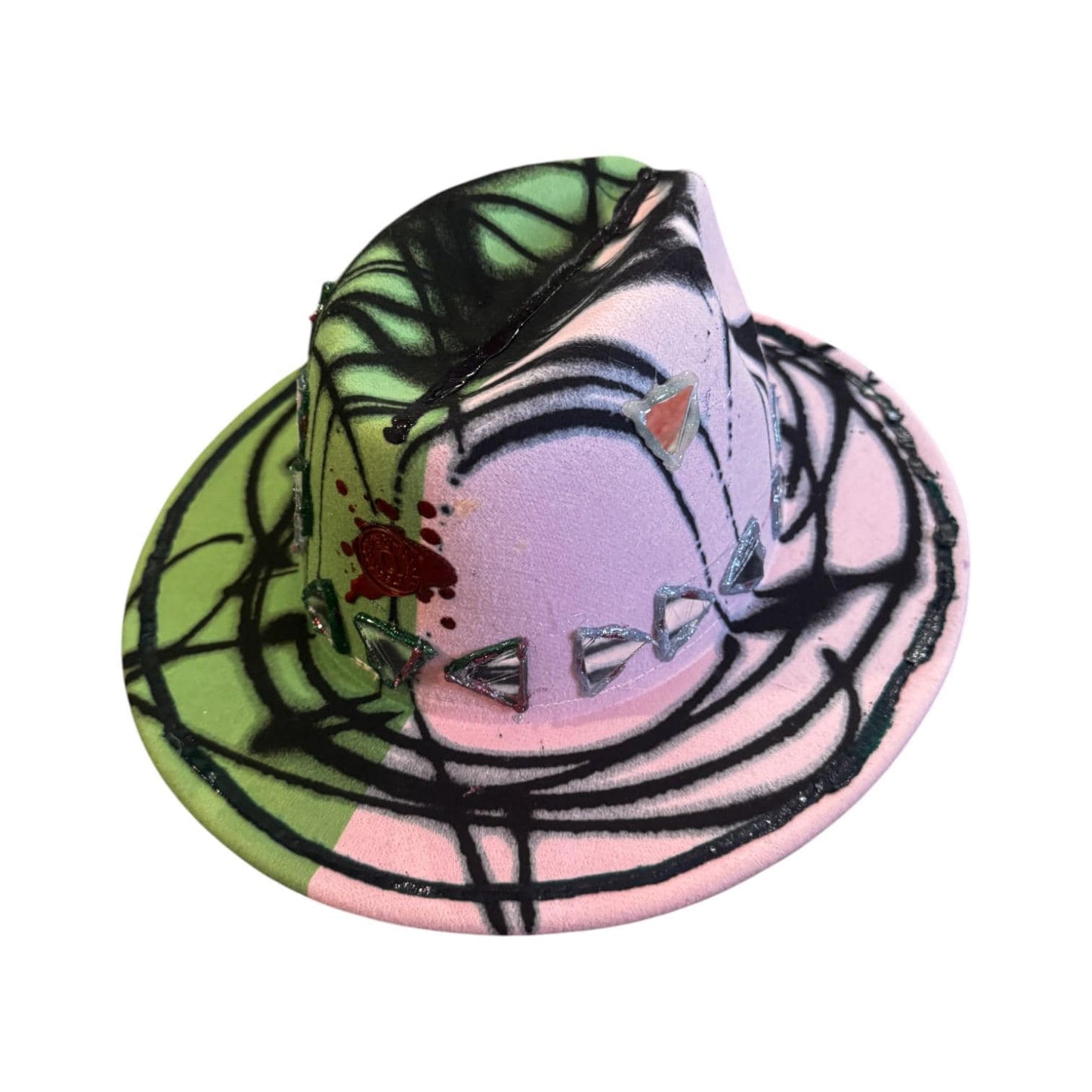 Hand-Painted Festival Hat: Green & Pink Abstract Art, Mirror Accents