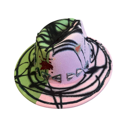 Hand-Painted Festival Hat: Green & Pink Abstract Art, Mirror Accents