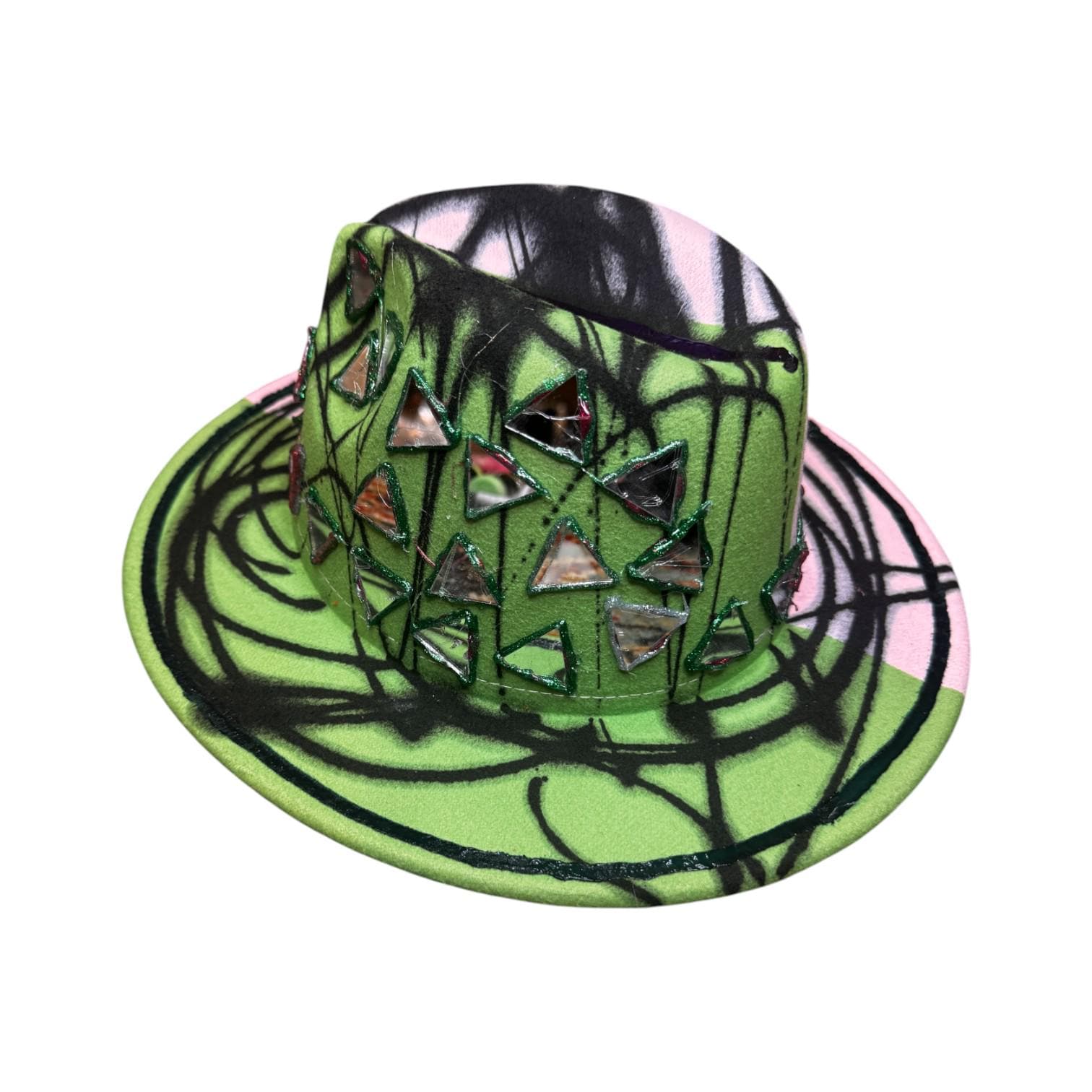 Hand-Painted Festival Hat: Green & Pink Abstract Art, Mirror Accents