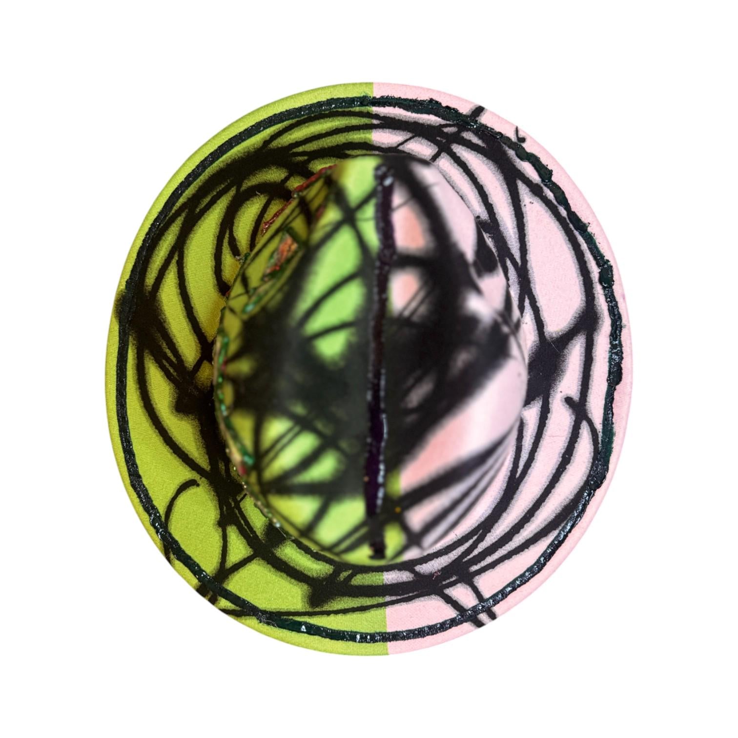 Hand-Painted Festival Hat: Green & Pink Abstract Art, Mirror Accents