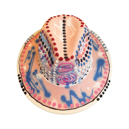 Hand-Painted UV Reactive Festival Hat: Neon Spirals, Dots, Blue Glow