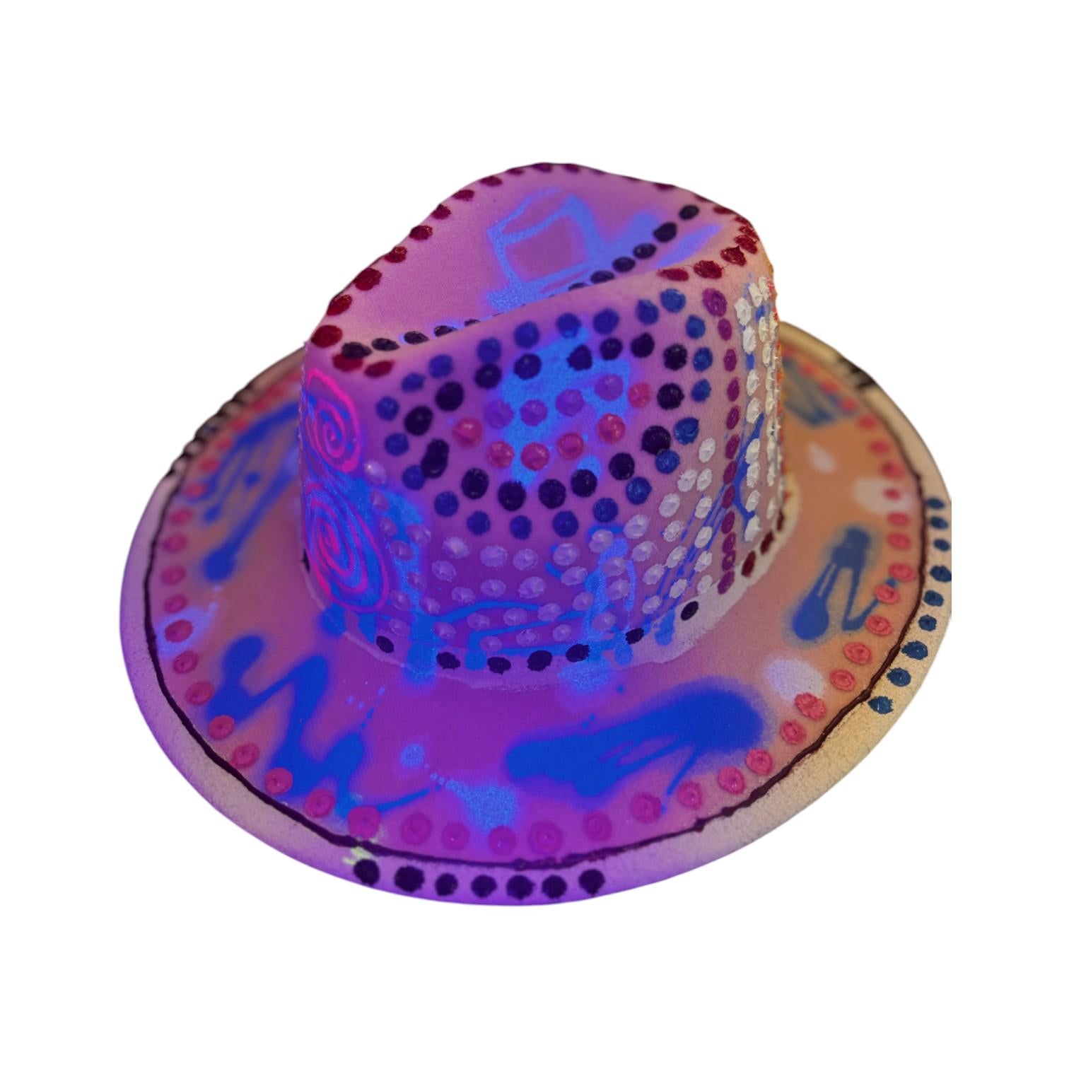 Hand-Painted UV Reactive Festival Hat: Neon Spirals, Dots, Blue Glow