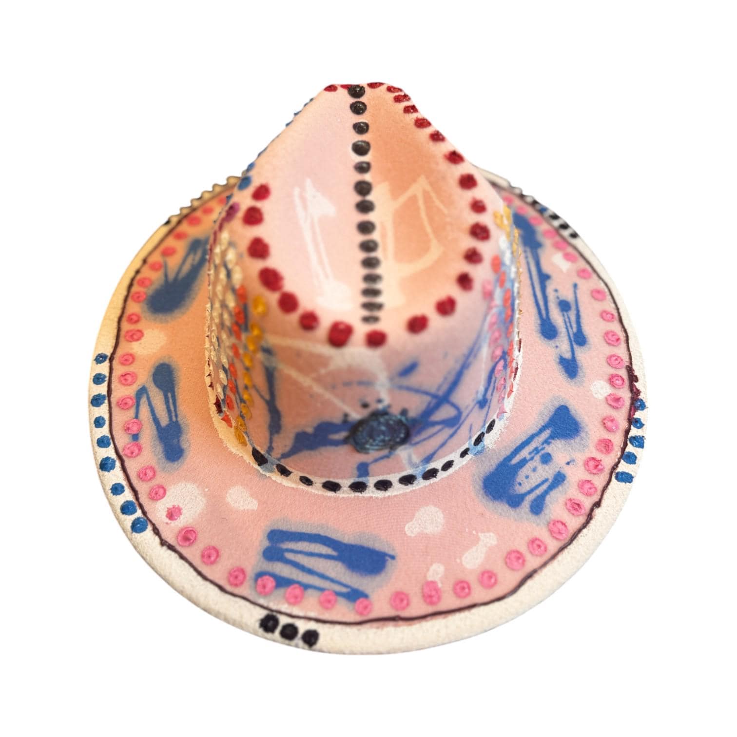 Hand-Painted UV Reactive Festival Hat: Neon Spirals, Dots, Blue Glow