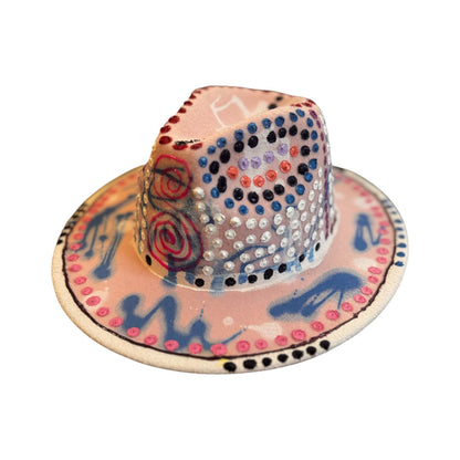 Hand-Painted UV Reactive Festival Hat: Neon Spirals, Dots, Blue Glow