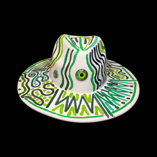 Hand-Painted Burning Man Hat: Tribal Eye Art, White & Green Festival Wear