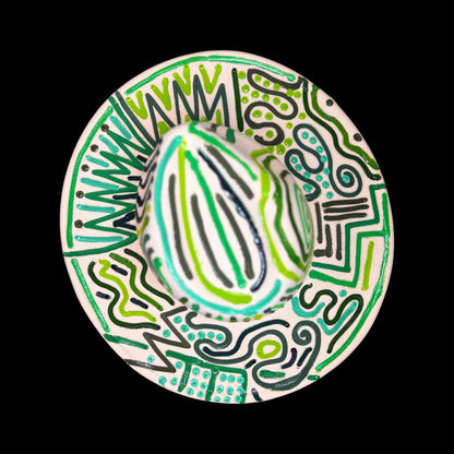 Hand-Painted Burning Man Hat: Tribal Eye Art, White & Green Festival Wear