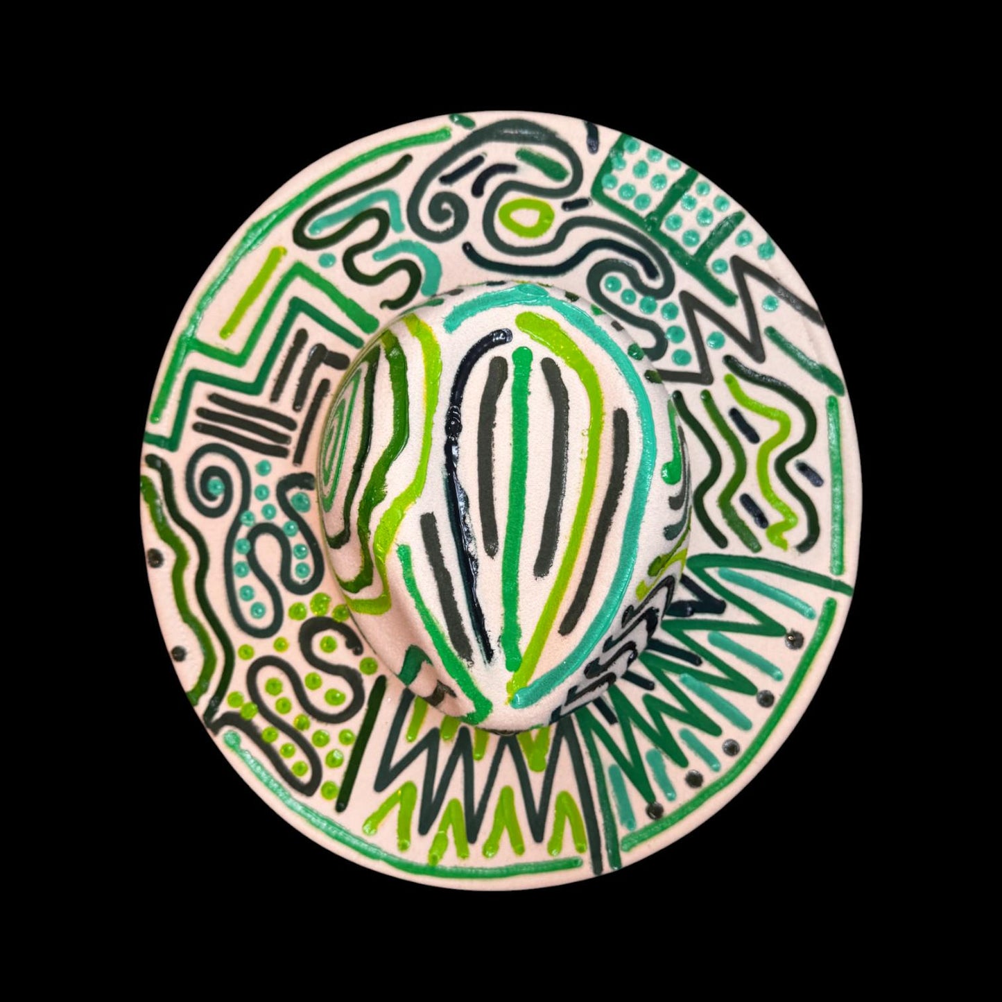 Hand-Painted Burning Man Hat: Tribal Eye Art, White & Green Festival Wear