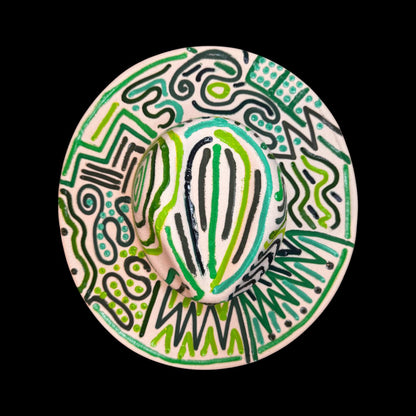 Hand-Painted Burning Man Hat: Tribal Eye Art, White & Green Festival Wear