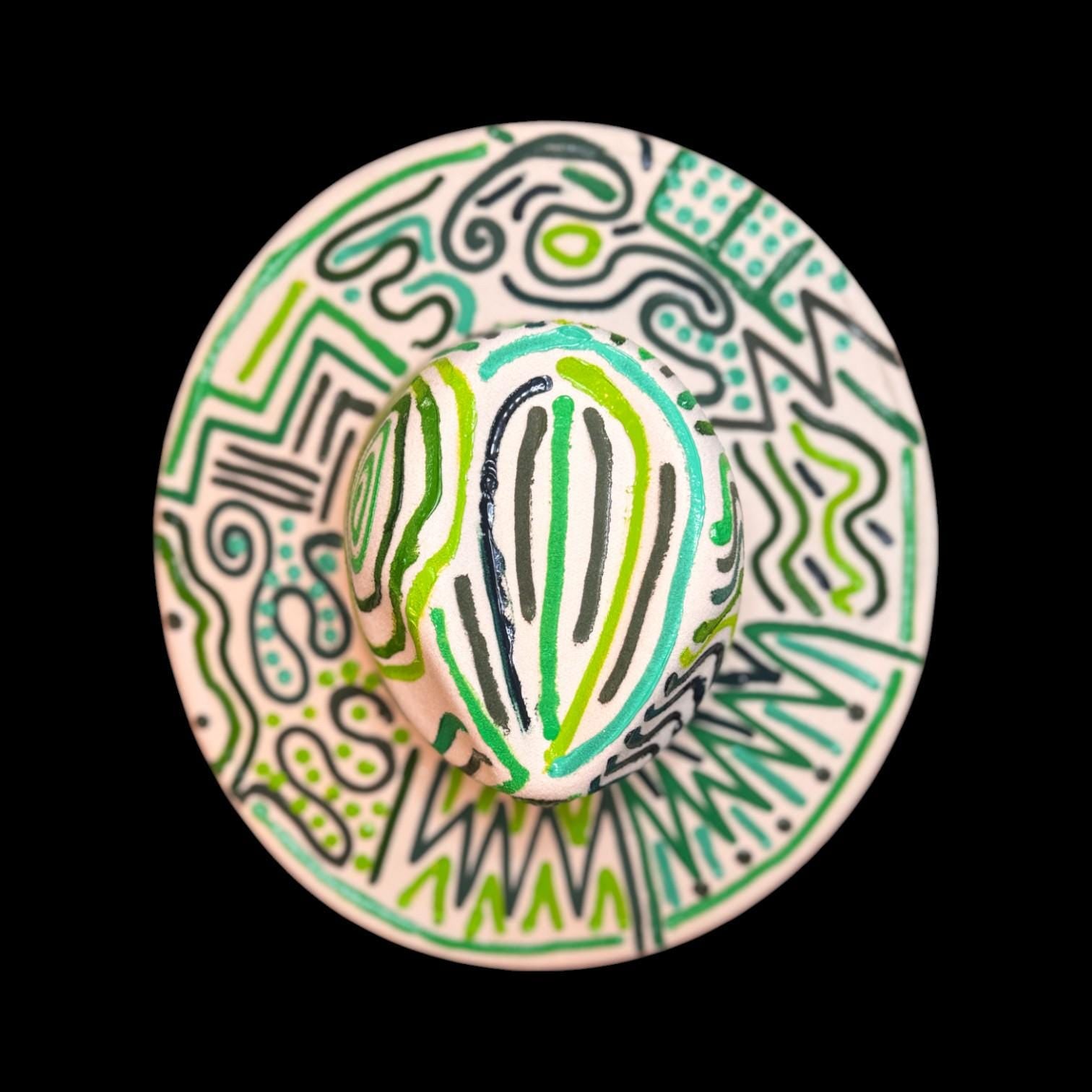 Hand-Painted Burning Man Hat: Tribal Eye Art, White & Green Festival Wear