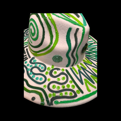 Hand-Painted Burning Man Hat: Tribal Eye Art, White & Green Festival Wear
