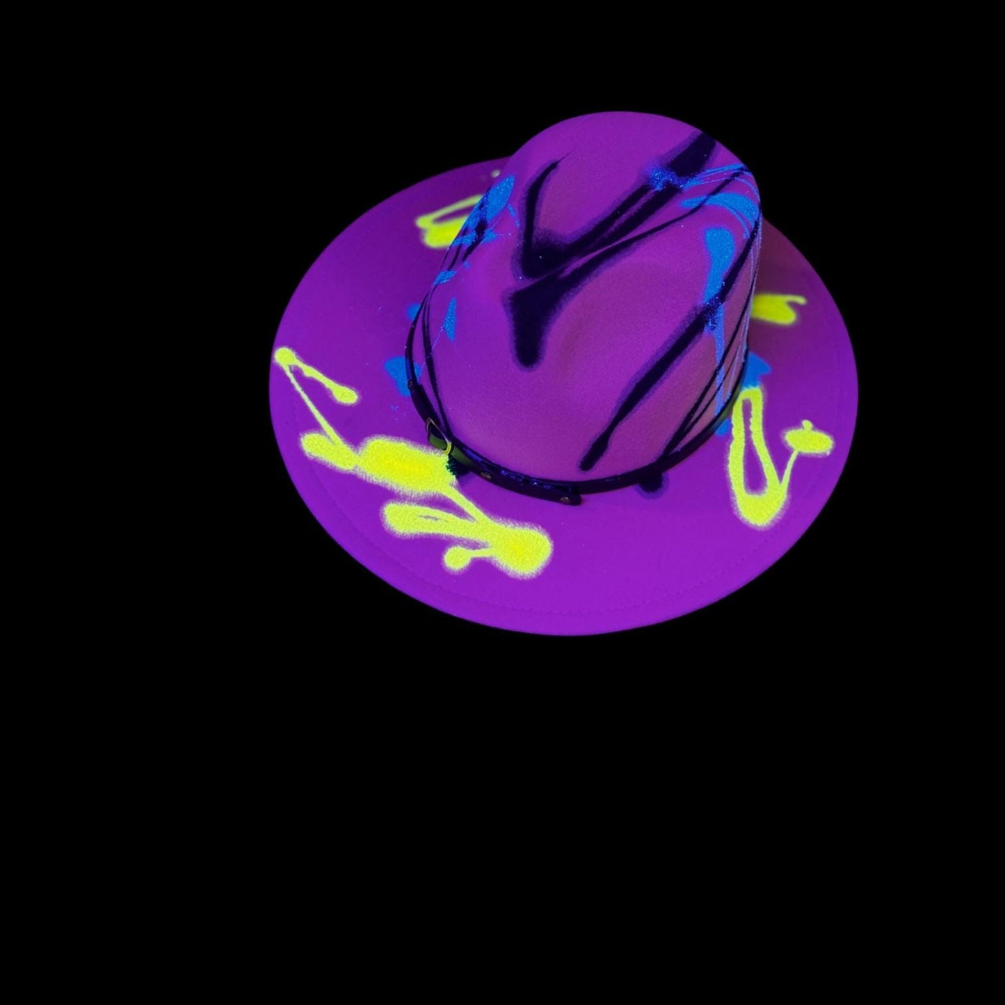 Hand-Painted Neon Pink Rave Fedora: Glow-in-the-Dark Festival Cowboy Hat