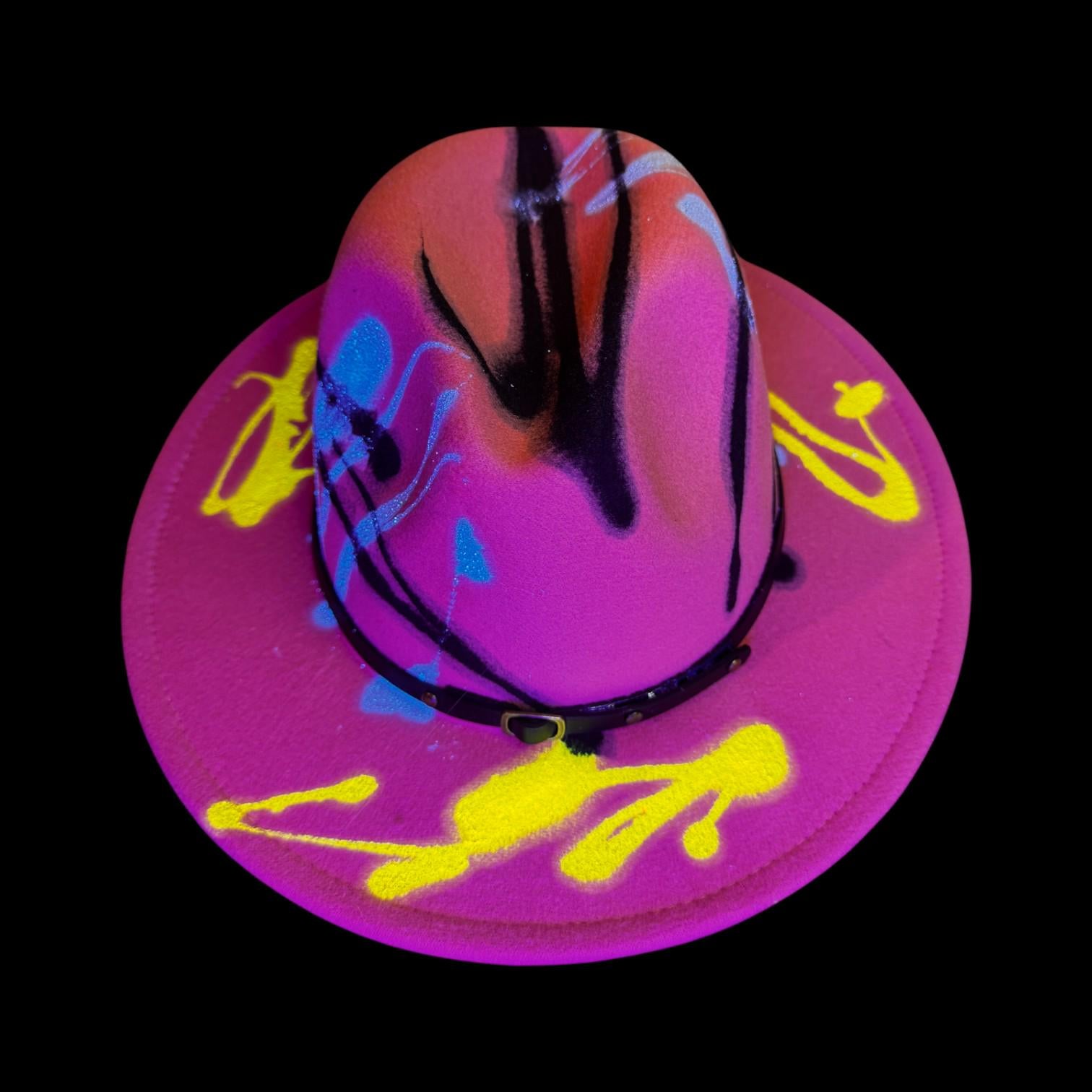 Hand-Painted Neon Pink Rave Fedora: Glow-in-the-Dark Festival Cowboy Hat