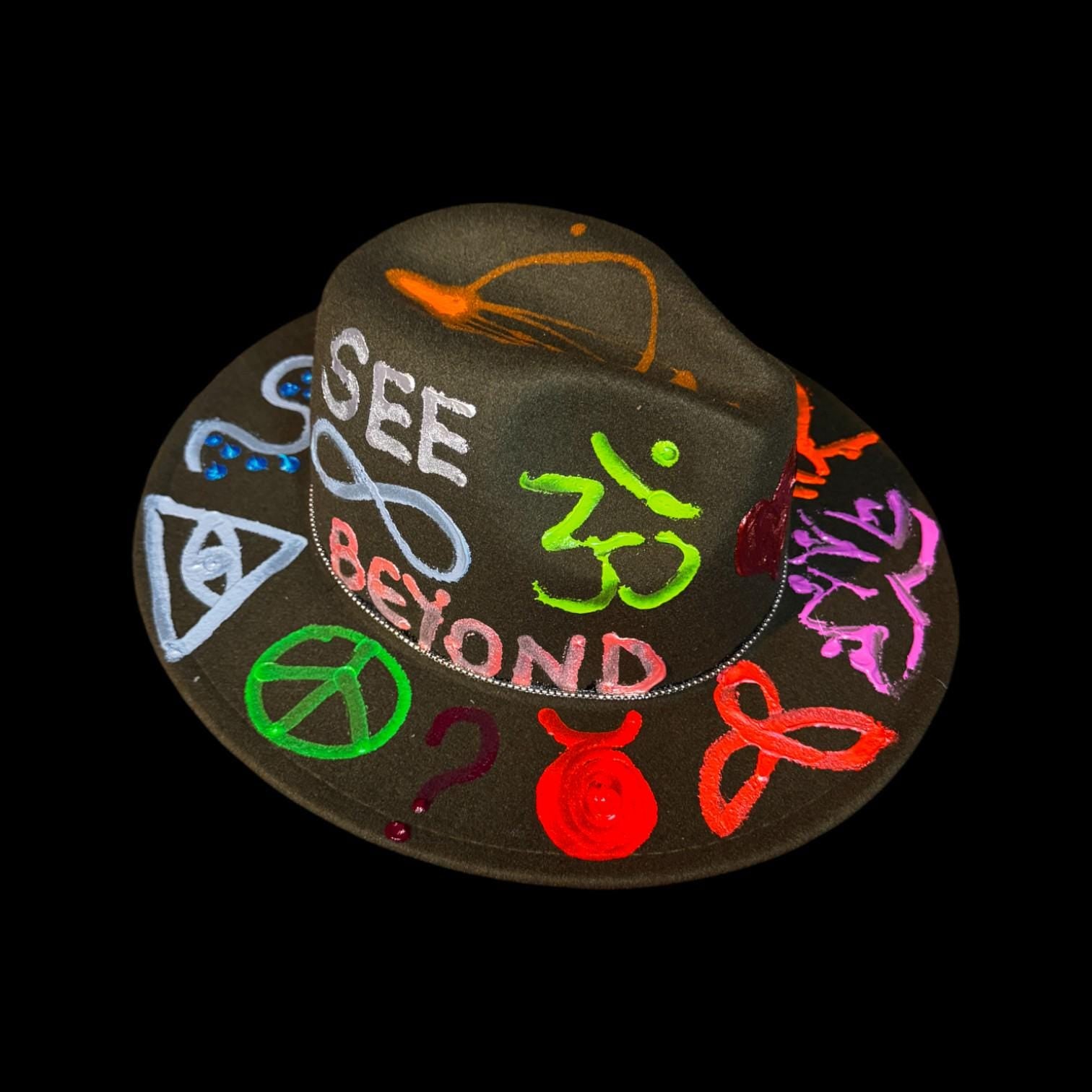 Hand-Painted Glow-in-the-Dark Festival Hat: Psychedelic Burning Man Wearable Art