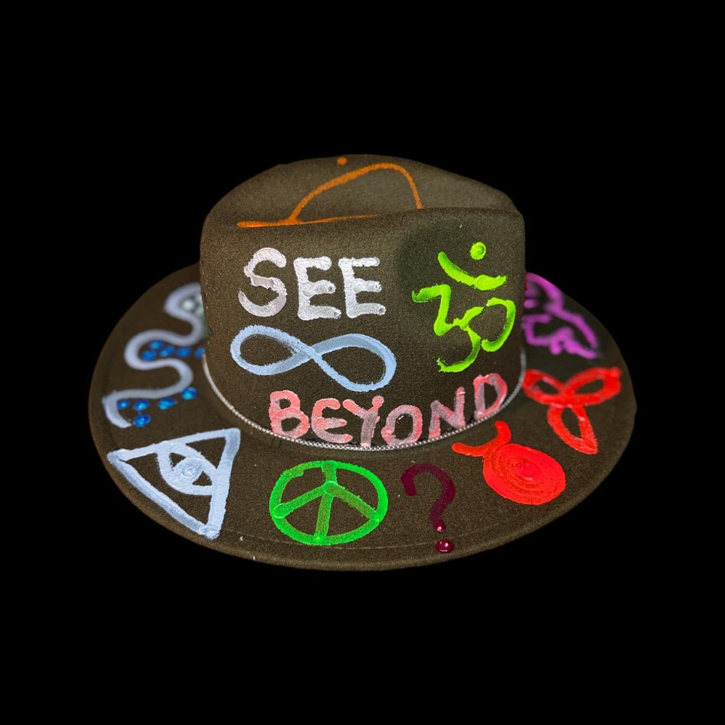 Hand-Painted Glow-in-the-Dark Festival Hat: Psychedelic Burning Man Wearable Art