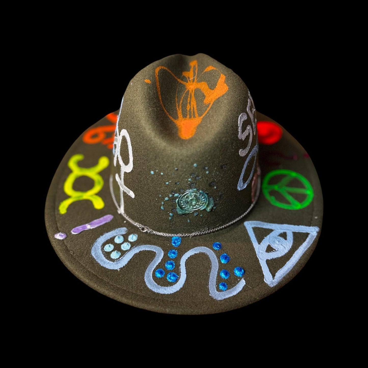 Hand-Painted Glow-in-the-Dark Festival Hat: Psychedelic Burning Man Wearable Art