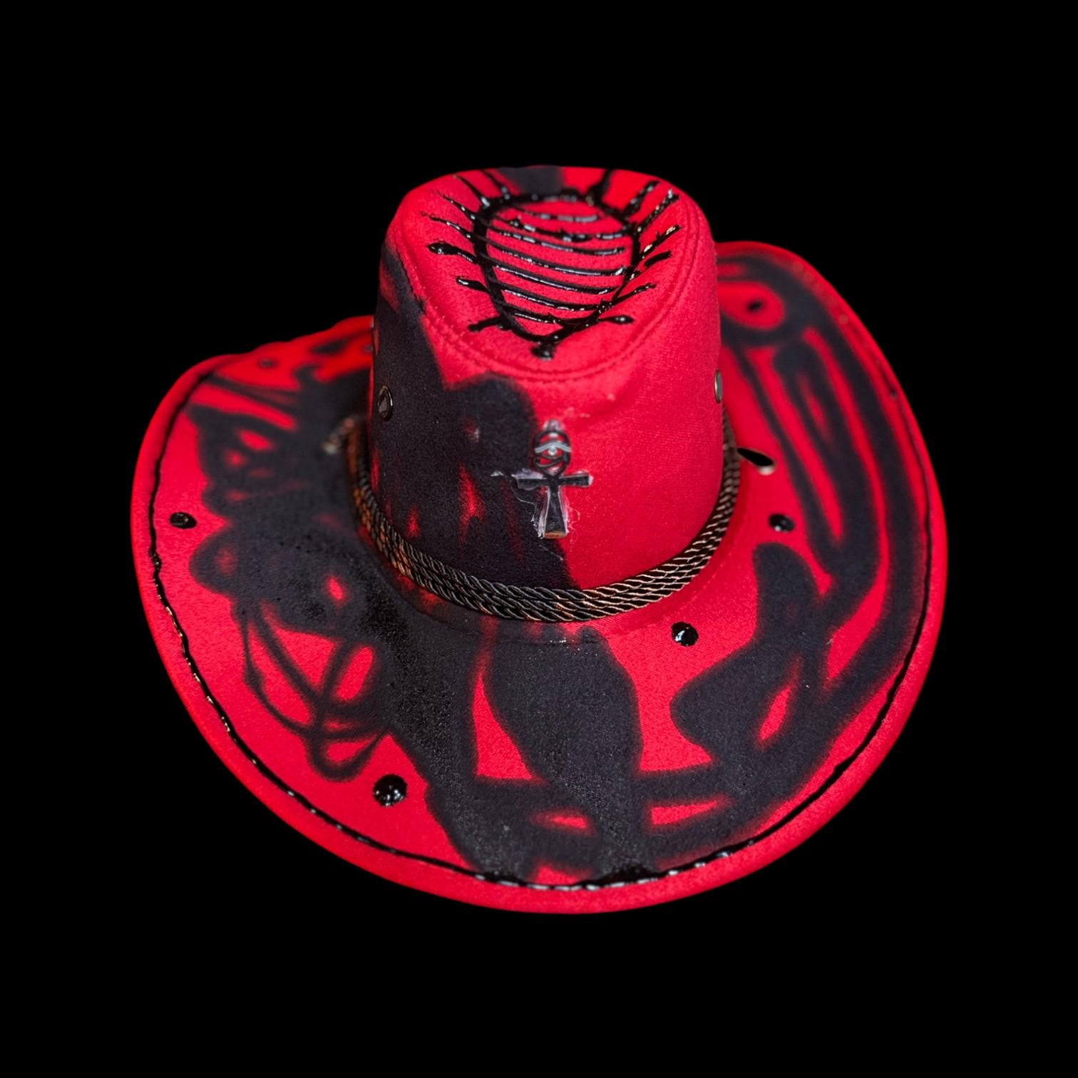 Hand-Painted Ankh Cowboy Hat: Gothic Rave Wearable Art (Size 57)