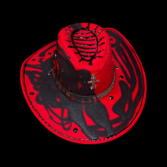 Hand-Painted Ankh Cowboy Hat: Gothic Rave Wearable Art (Size 57)