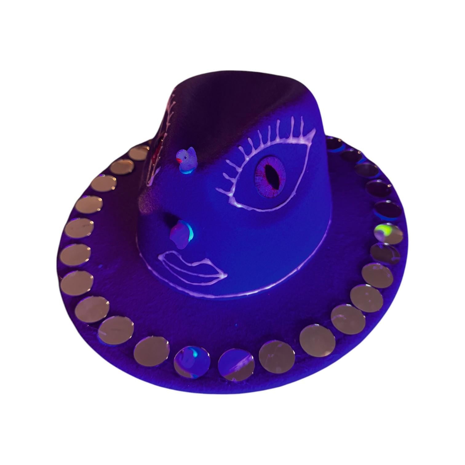 Purple Third Eye Fedora Hat: Iridescent Mirrors, Skull Nose - Festival Art