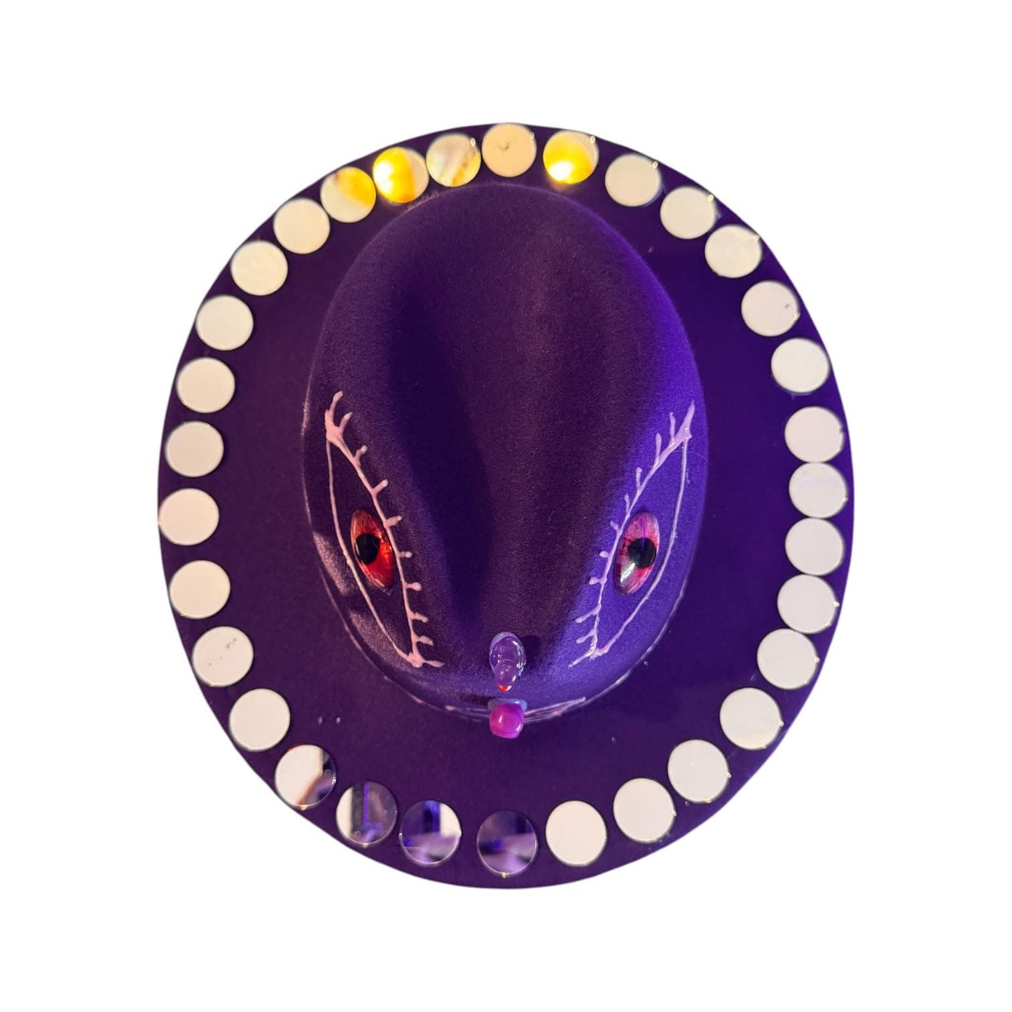 Purple Third Eye Fedora Hat: Iridescent Mirrors, Skull Nose - Festival Art