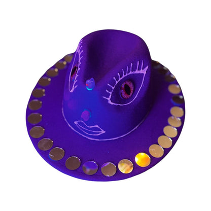 Purple Third Eye Fedora Hat: Iridescent Mirrors, Skull Nose - Festival Art