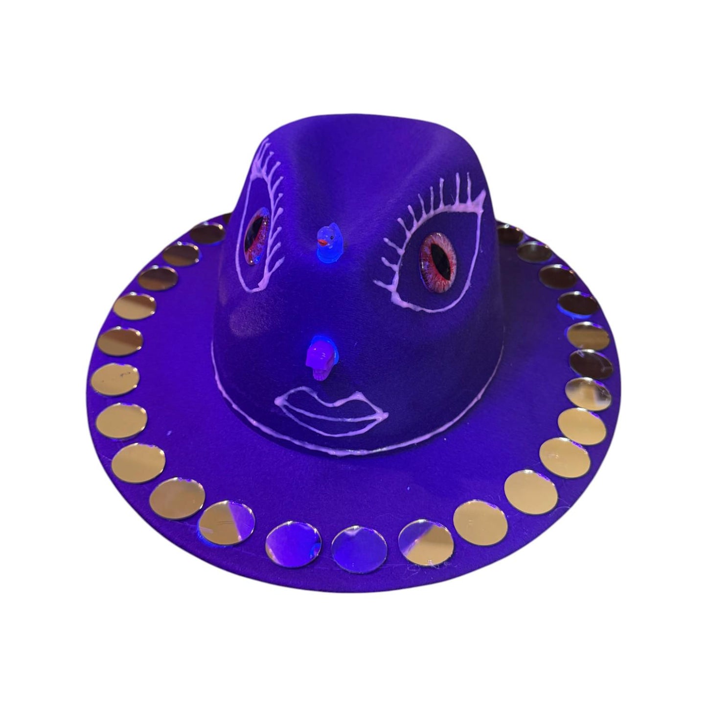 Purple Third Eye Fedora Hat: Iridescent Mirrors, Skull Nose - Festival Art