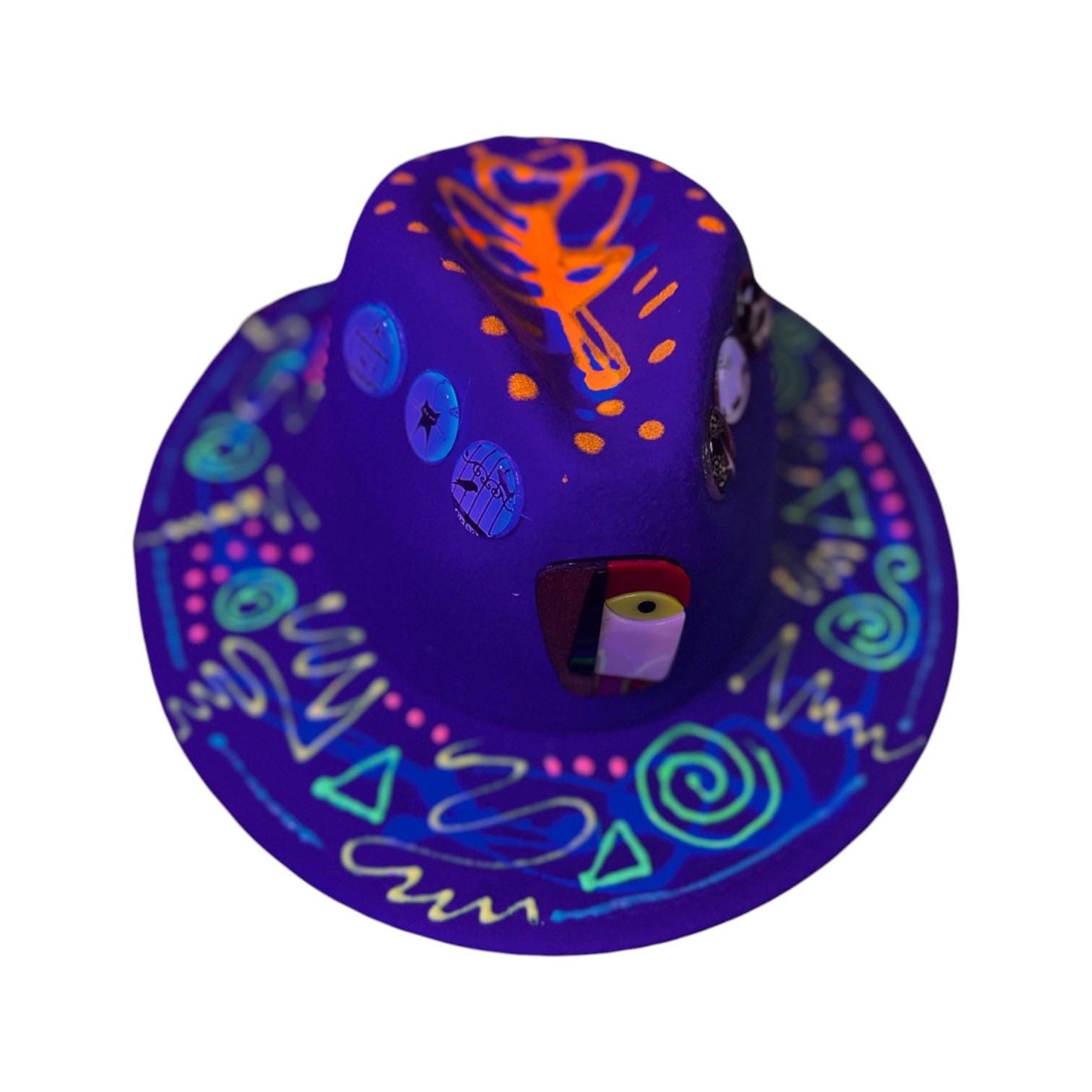 Hand-Painted Psychedelic Fedora: Neon UV Tribal Burning Man Hat