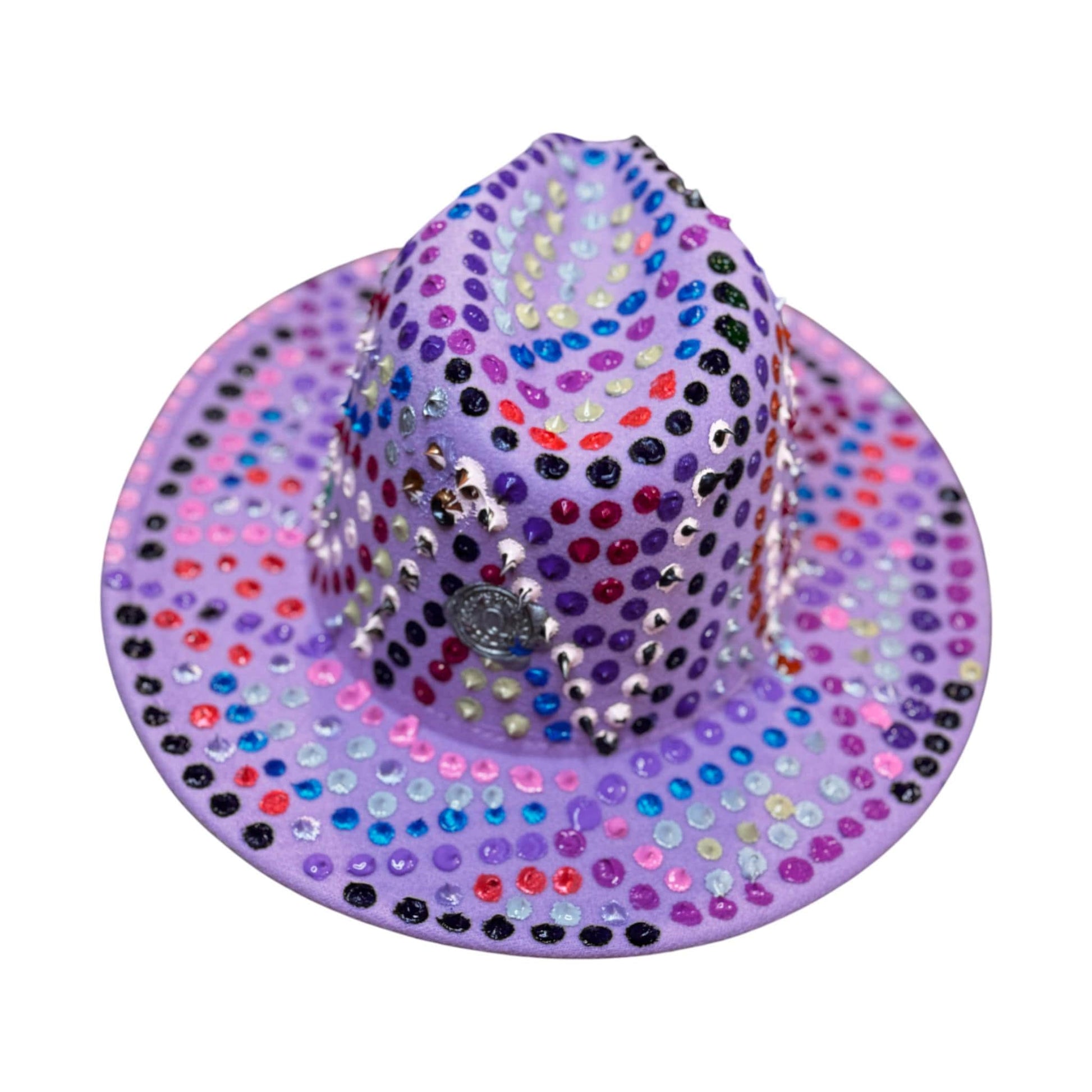Hand-Painted Lavender Fedora: Festival Rave Hat with Spikes & Hidden Gnosis