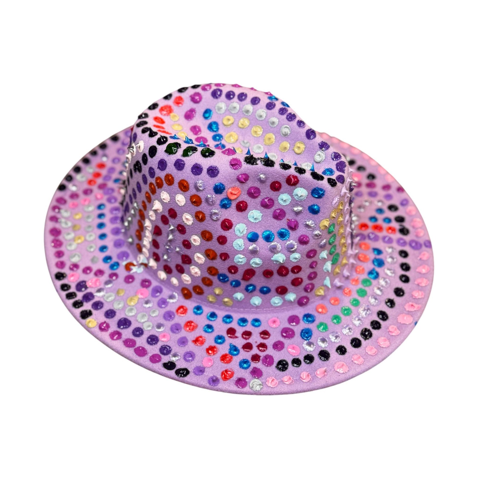 Hand-Painted Lavender Fedora: Festival Rave Hat with Spikes & Hidden Gnosis