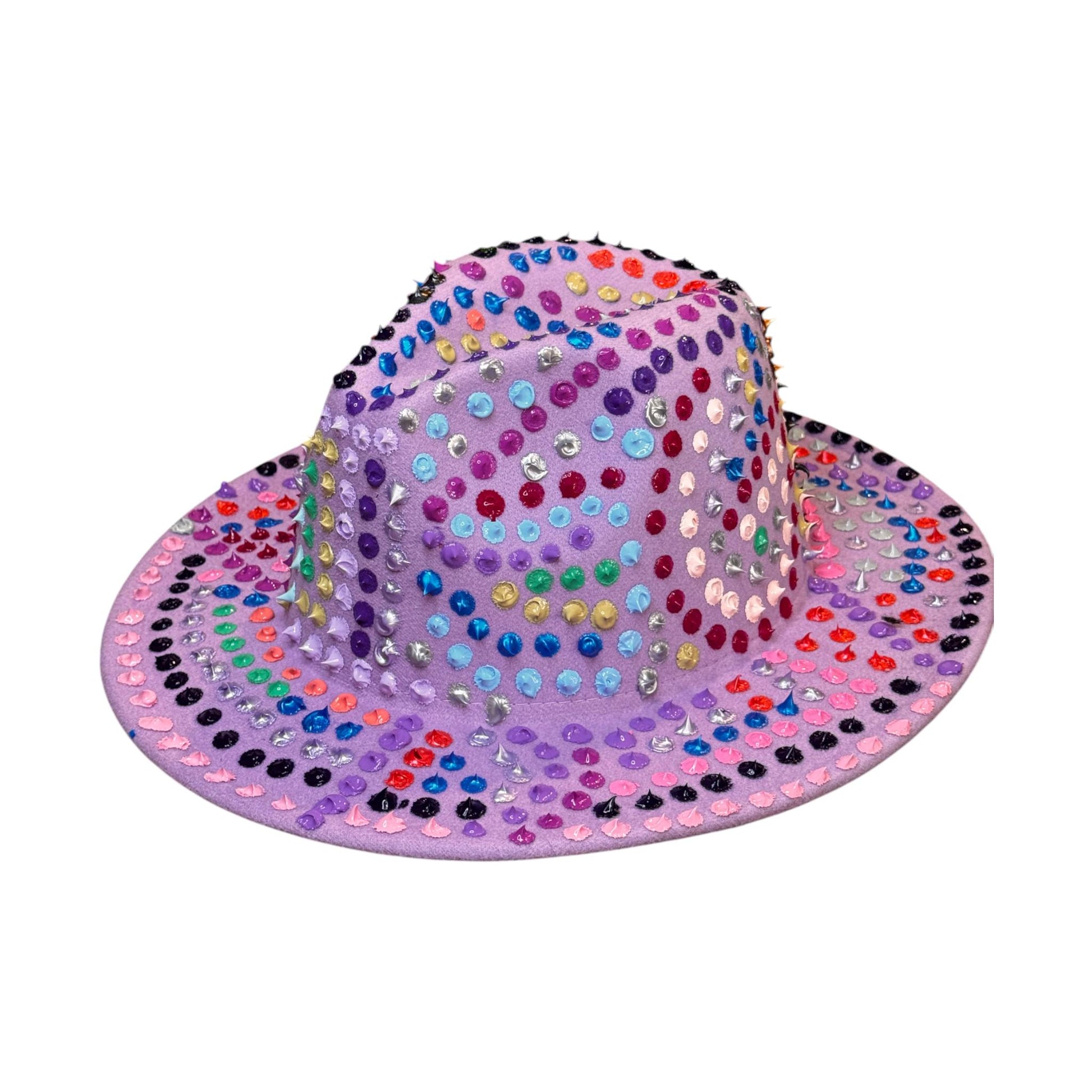 Hand-Painted Lavender Fedora: Festival Rave Hat with Spikes & Hidden Gnosis