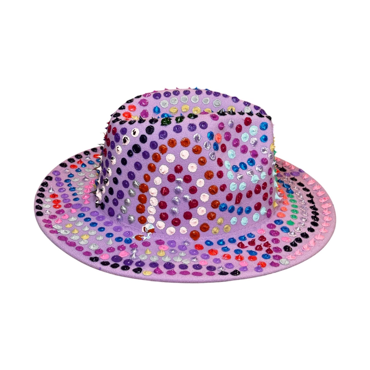 Hand-Painted Lavender Fedora: Festival Rave Hat with Spikes & Hidden Gnosis