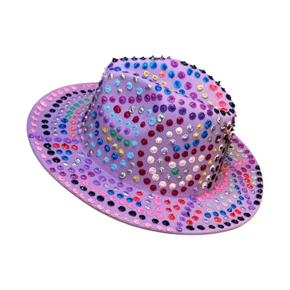 Hand-Painted Lavender Fedora: Festival Rave Hat with Spikes & Hidden Gnosis
