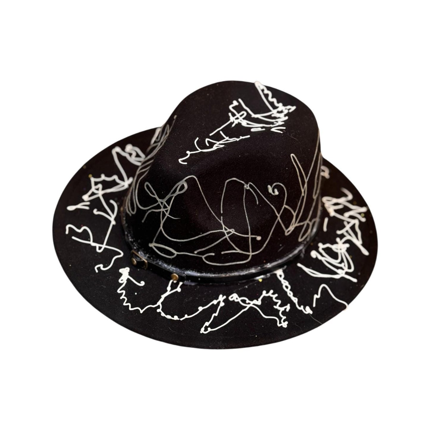 Hand-Painted Rave Fedora: Black Abstract UV Reactive Wearable Art